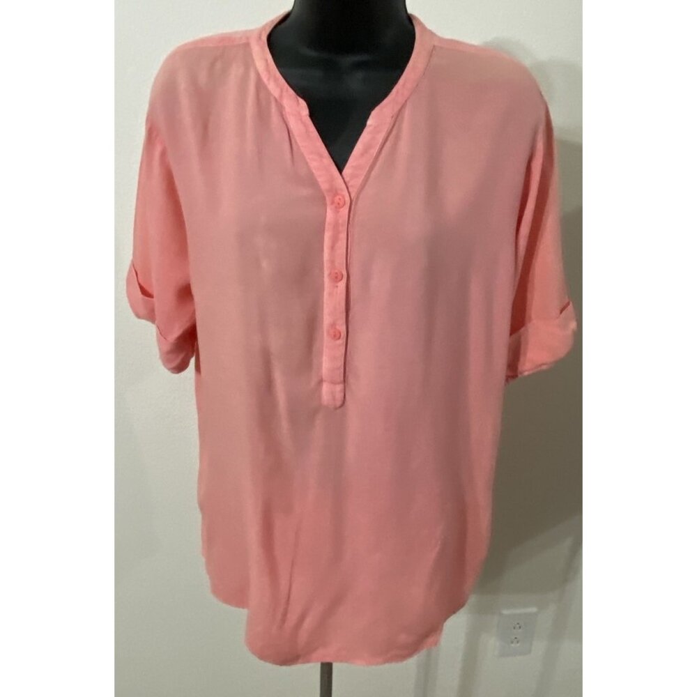 New Direction Womens Size L Blouse Cuffed Short Sleeves 1/4 Button Hi/Low